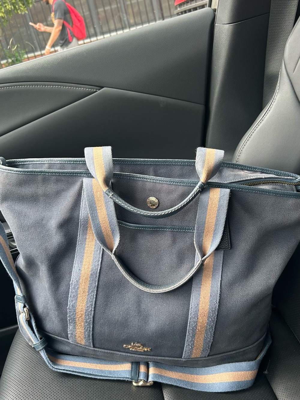 Canvas Tote Bag with Striped Accent - Navy and Tan